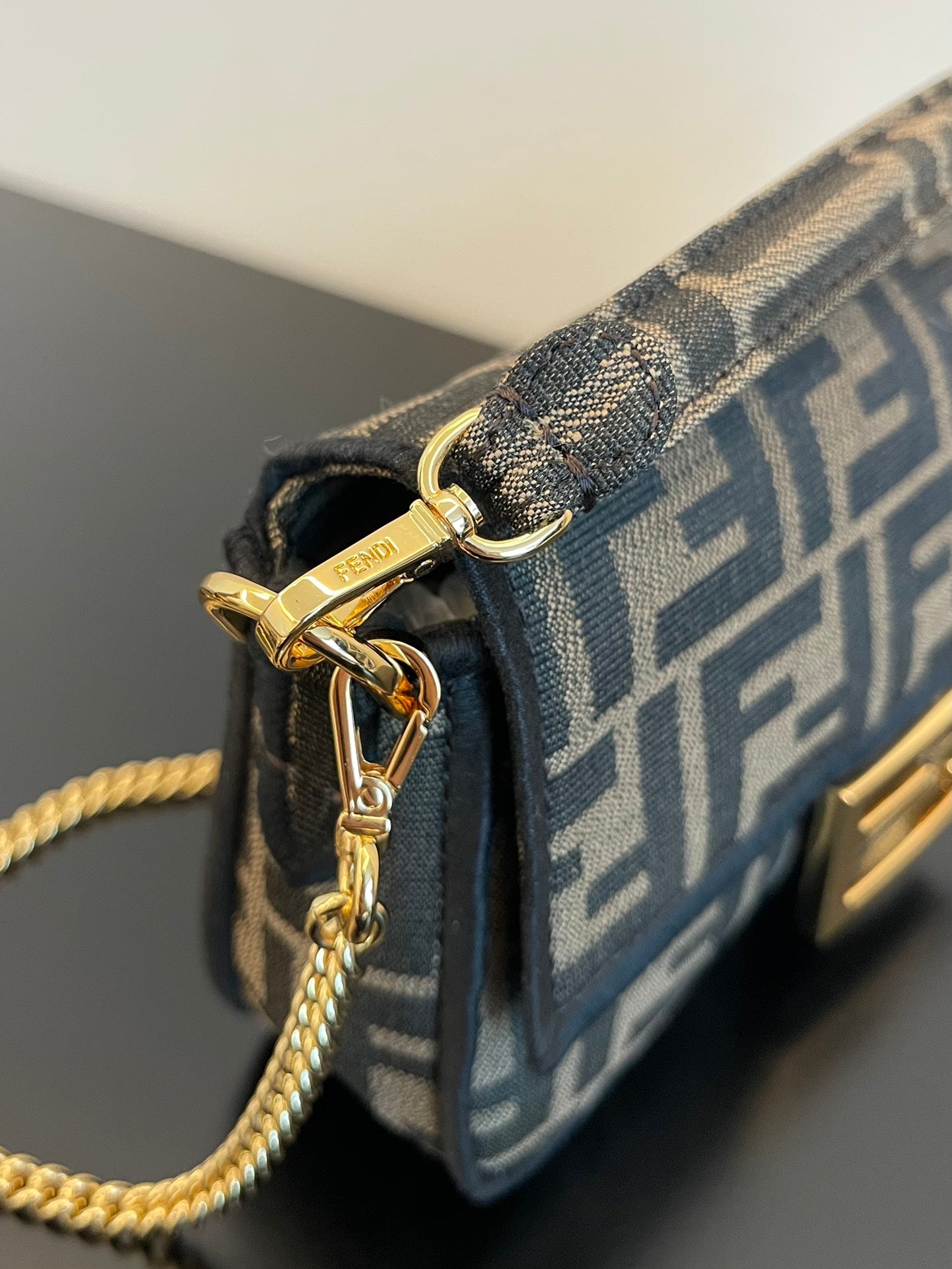 Fendi Baguette Zucca Monogram Canvas Shoulder Bag with Gold-Tone Chain