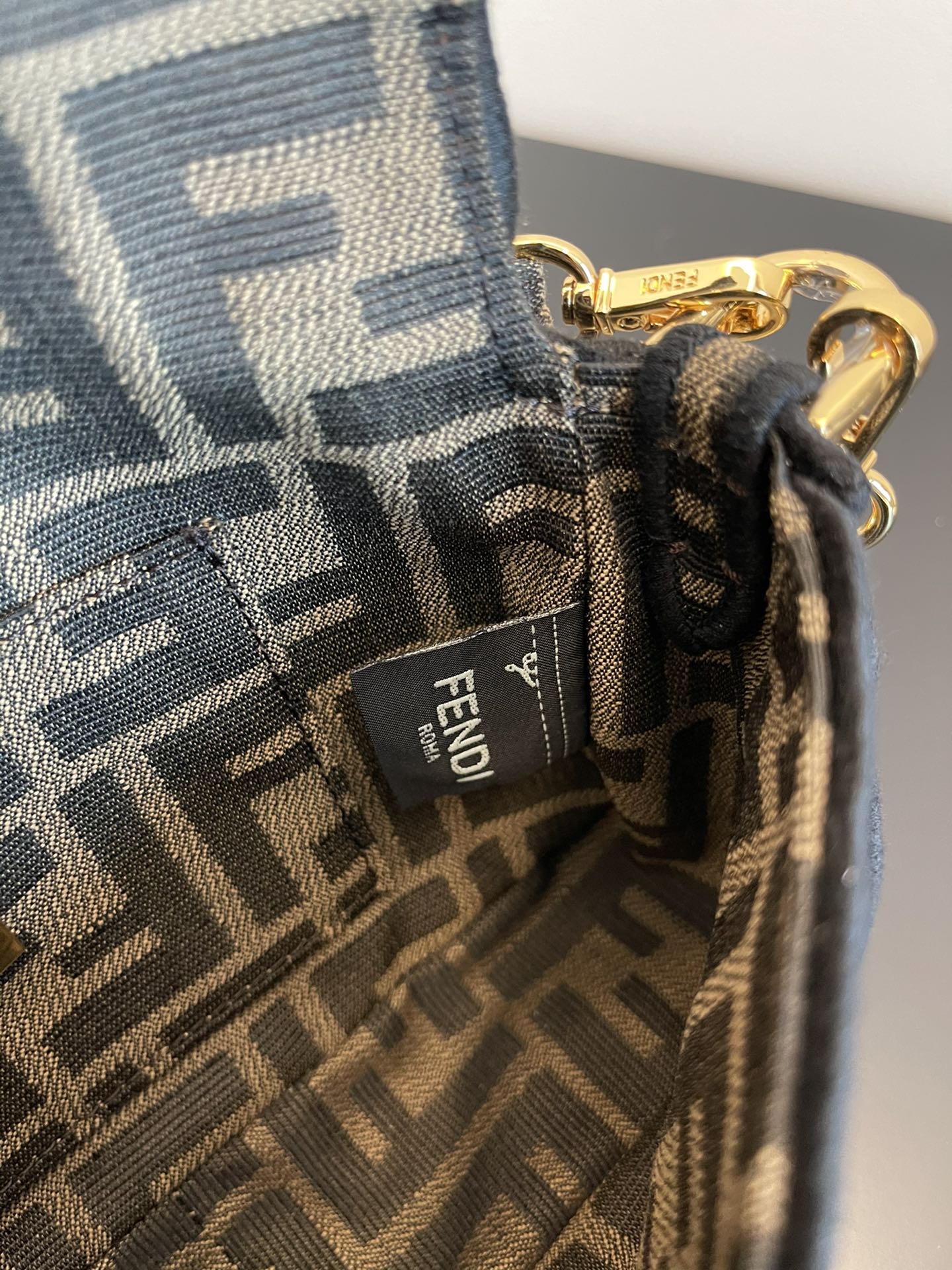Fendi Baguette Zucca Monogram Canvas Shoulder Bag with Gold-Tone Chain