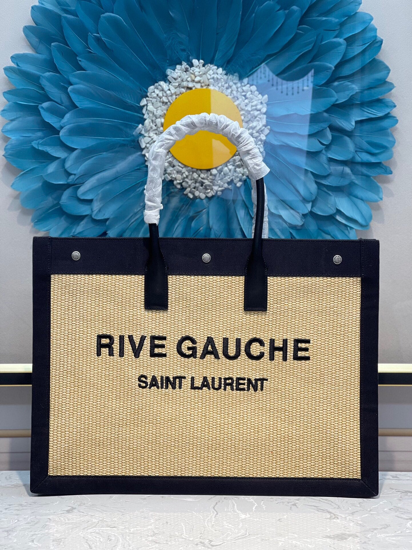 Saint Laurent Rive Gauche Canvas Tote Bag - Beige and Black
