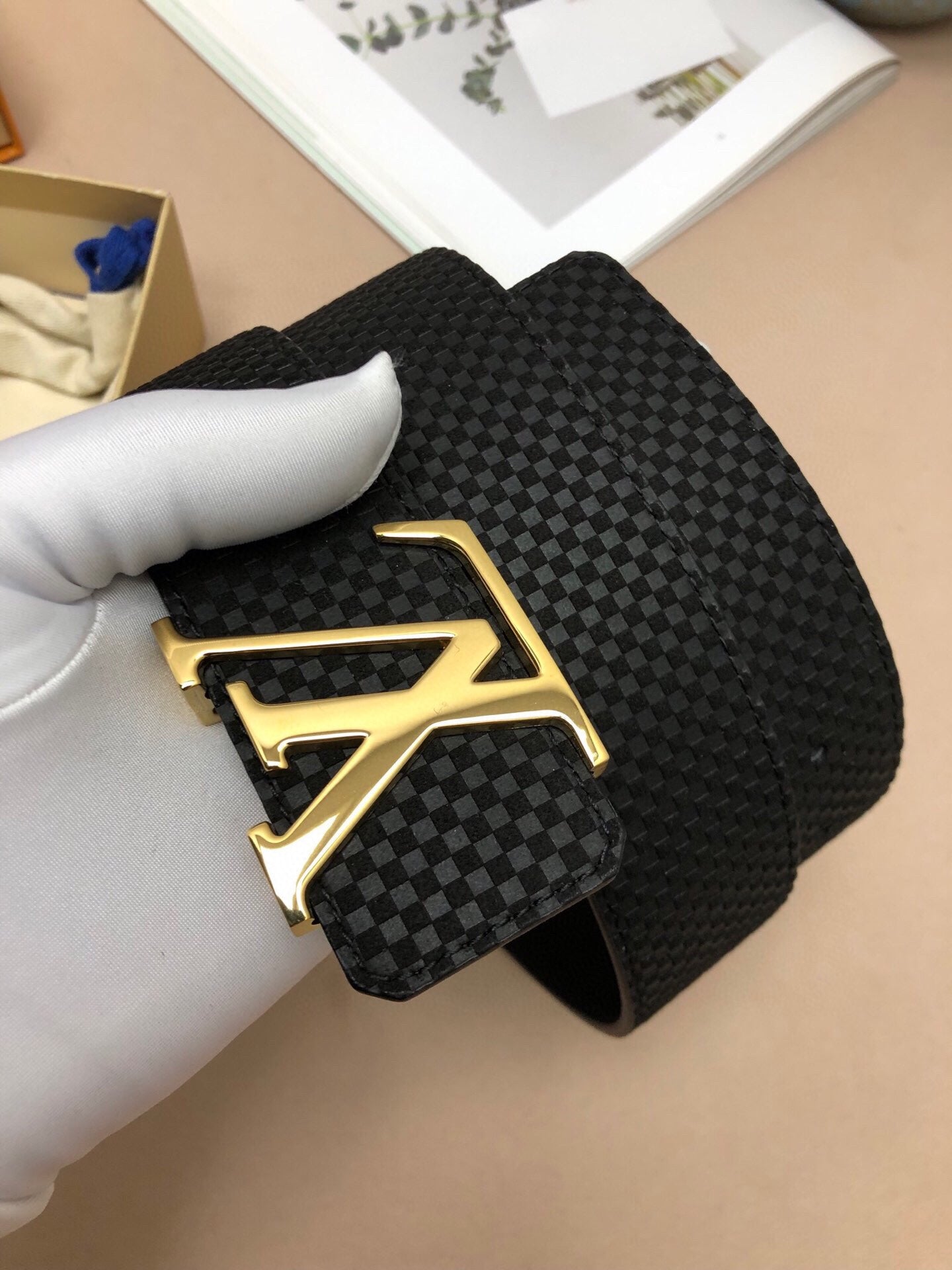 Louis Vuitton Men's LV Initials Belt, Black Damier Infini Leather with Gold-Tone Buckle, Luxury Designer Accessory