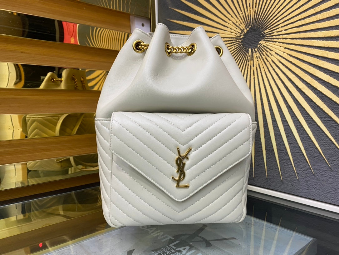 Saint Laurent Joe Quilted Leather Bucket Bag in White with Gold-Tone Hardware