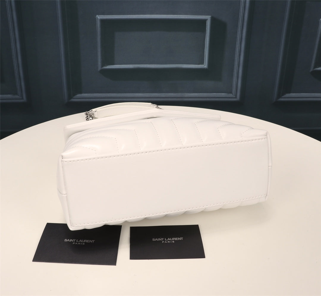 Saint Laurent Loulou Medium Shoulder Bag in Quilted White Leather with Silver Hardware