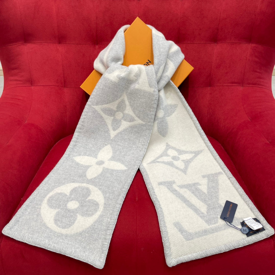 Louis Vuitton Logomania Monogram Scarf - Light Grey &amp; White Wool Cashmere Knit Designer Winter Scarf