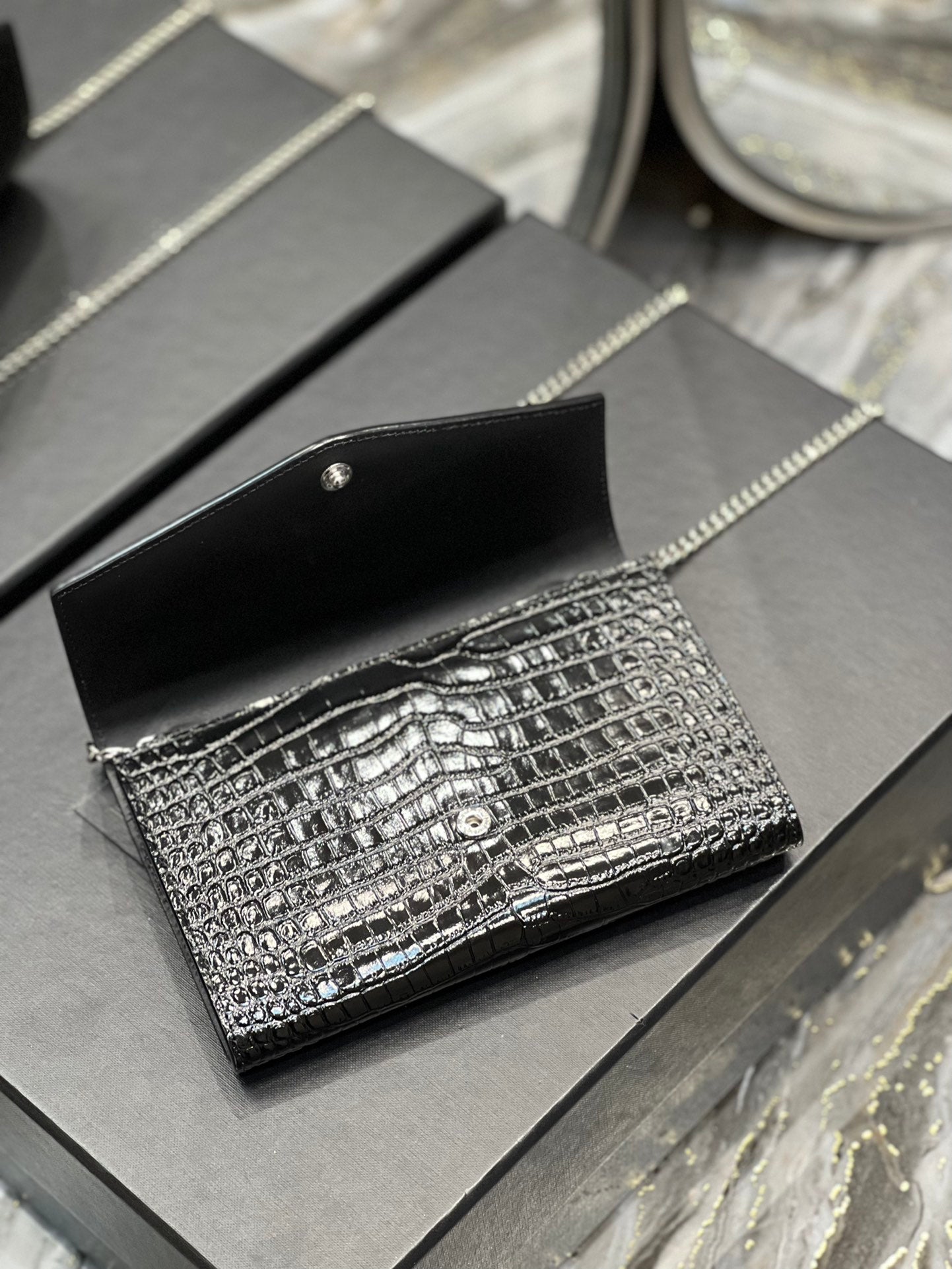 Saint Laurent Cassandre Small Envelope Wallet in Shiny Crocodile-Embossed Leather - Black