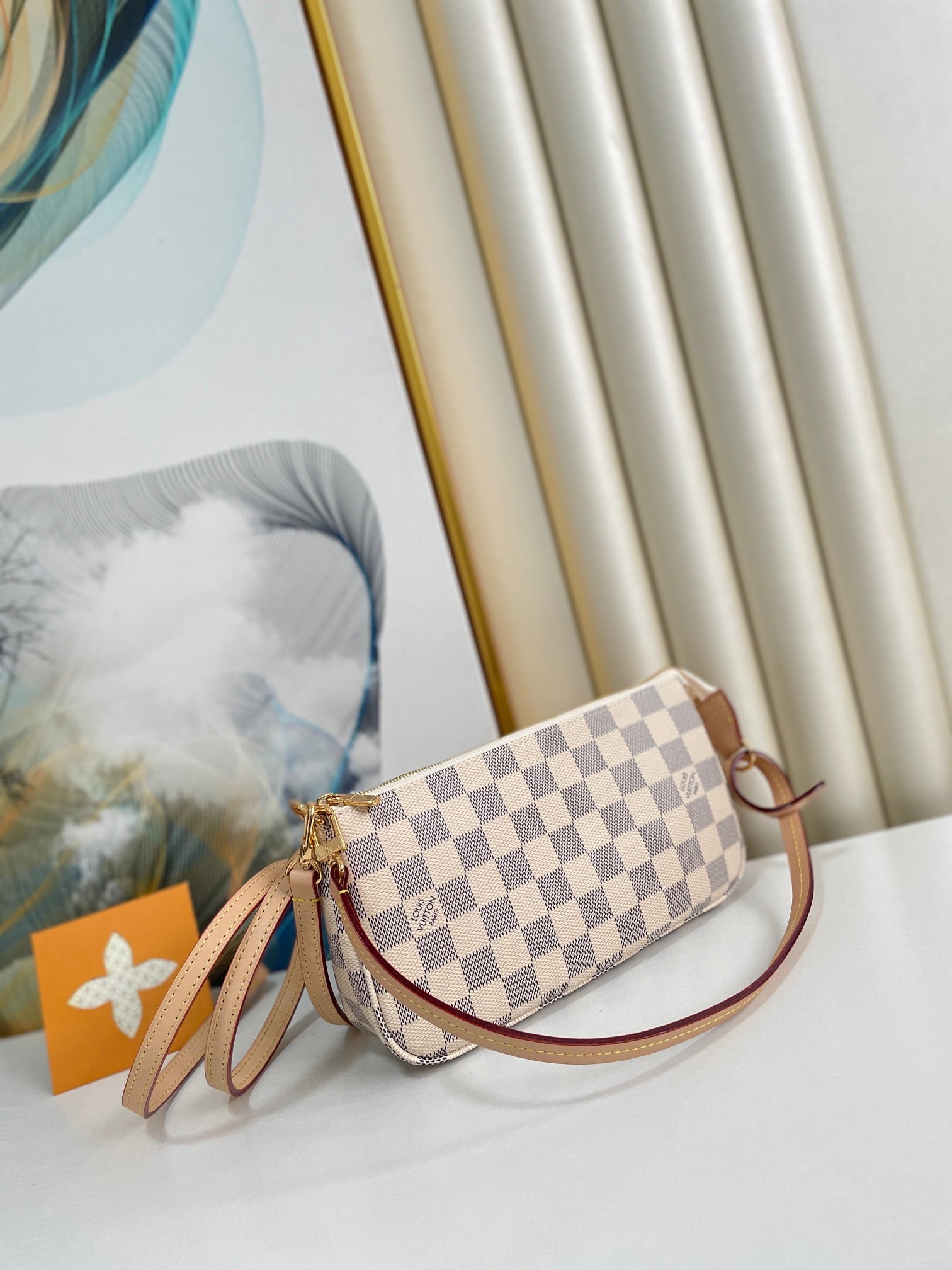 Luxury Checkered Mini Pochette Accessoires - Beige and Grey Canvas Handbag