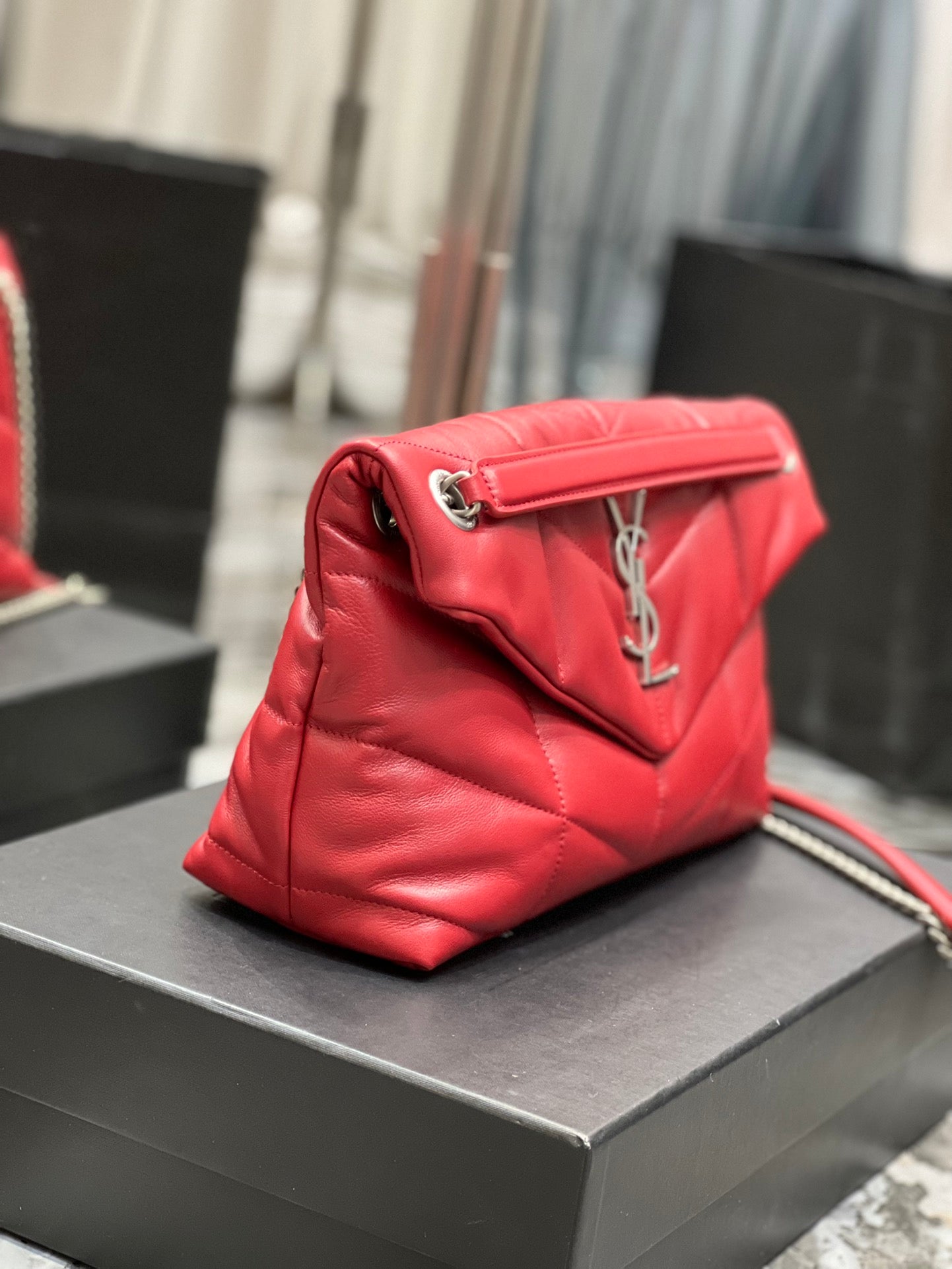 Saint Laurent Small Loulou Puffer Bag in Quilted Lambskin Red with Silver Hardware