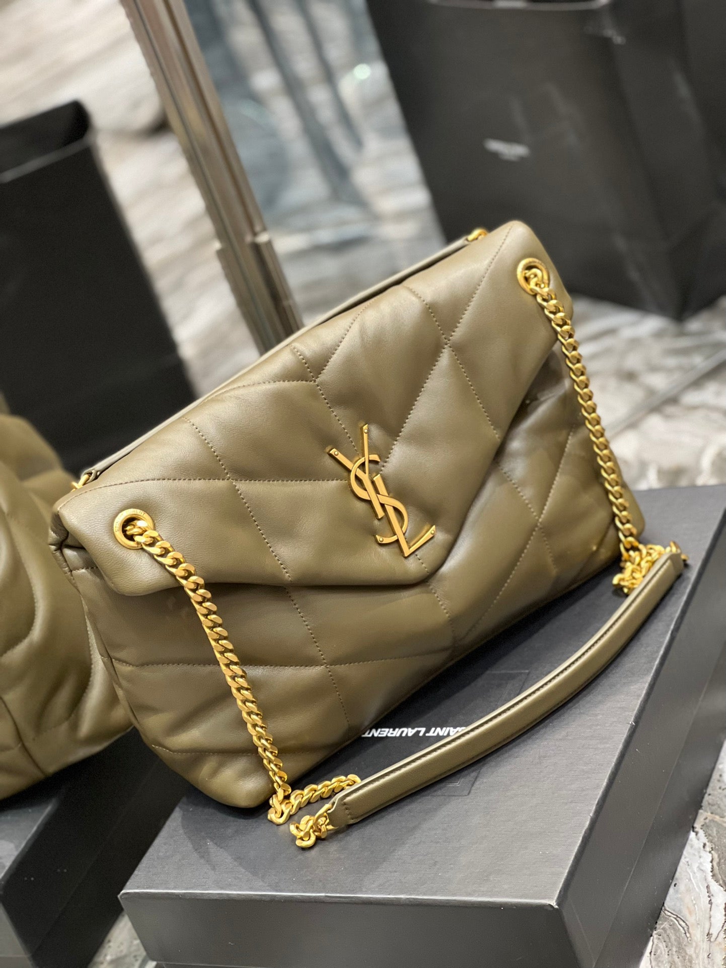 Saint Laurent Loulou Puffer Small Quilted Leather Chain Bag - Olive Green