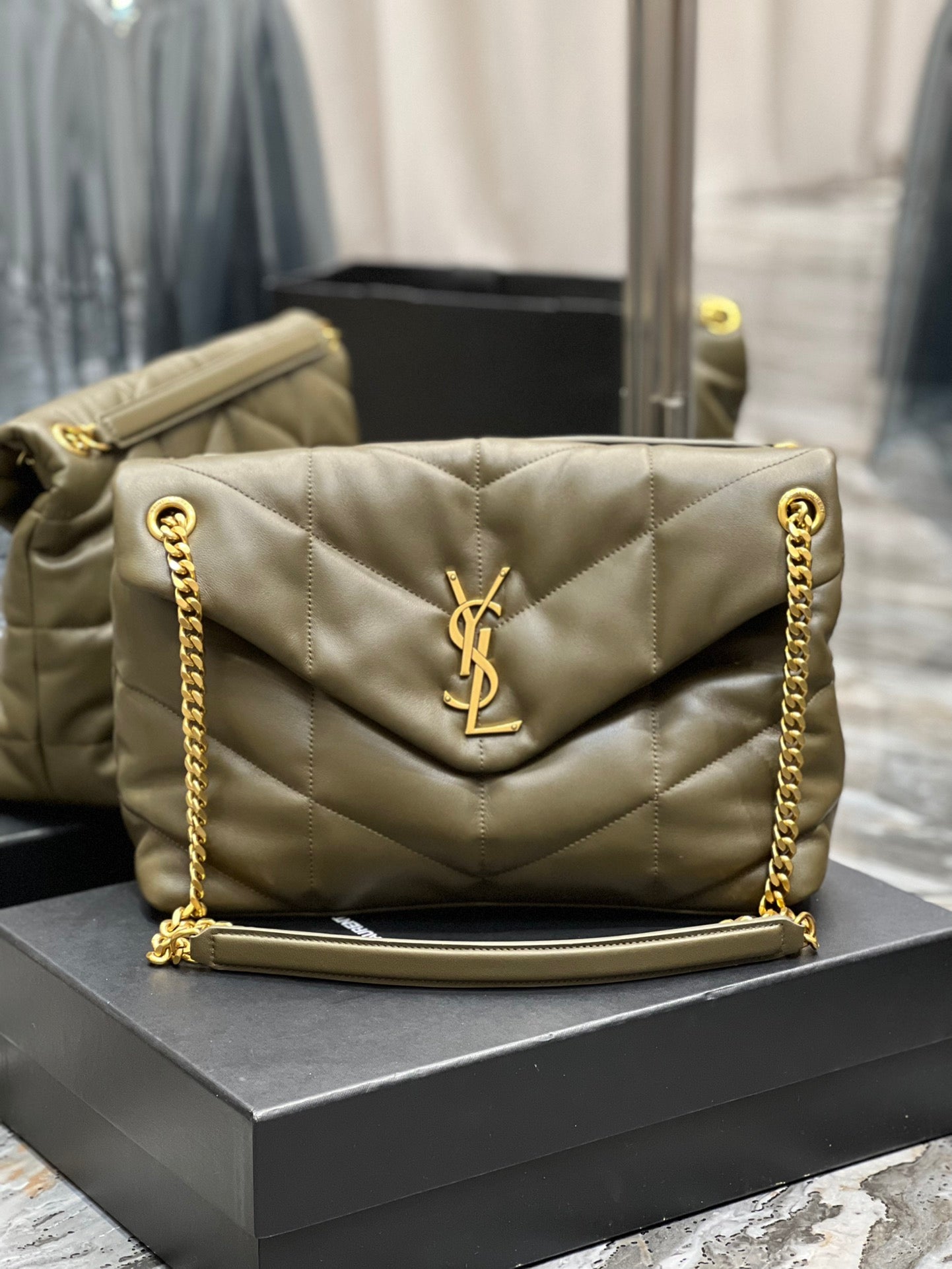 Saint Laurent Loulou Puffer Small Quilted Leather Chain Bag - Olive Green