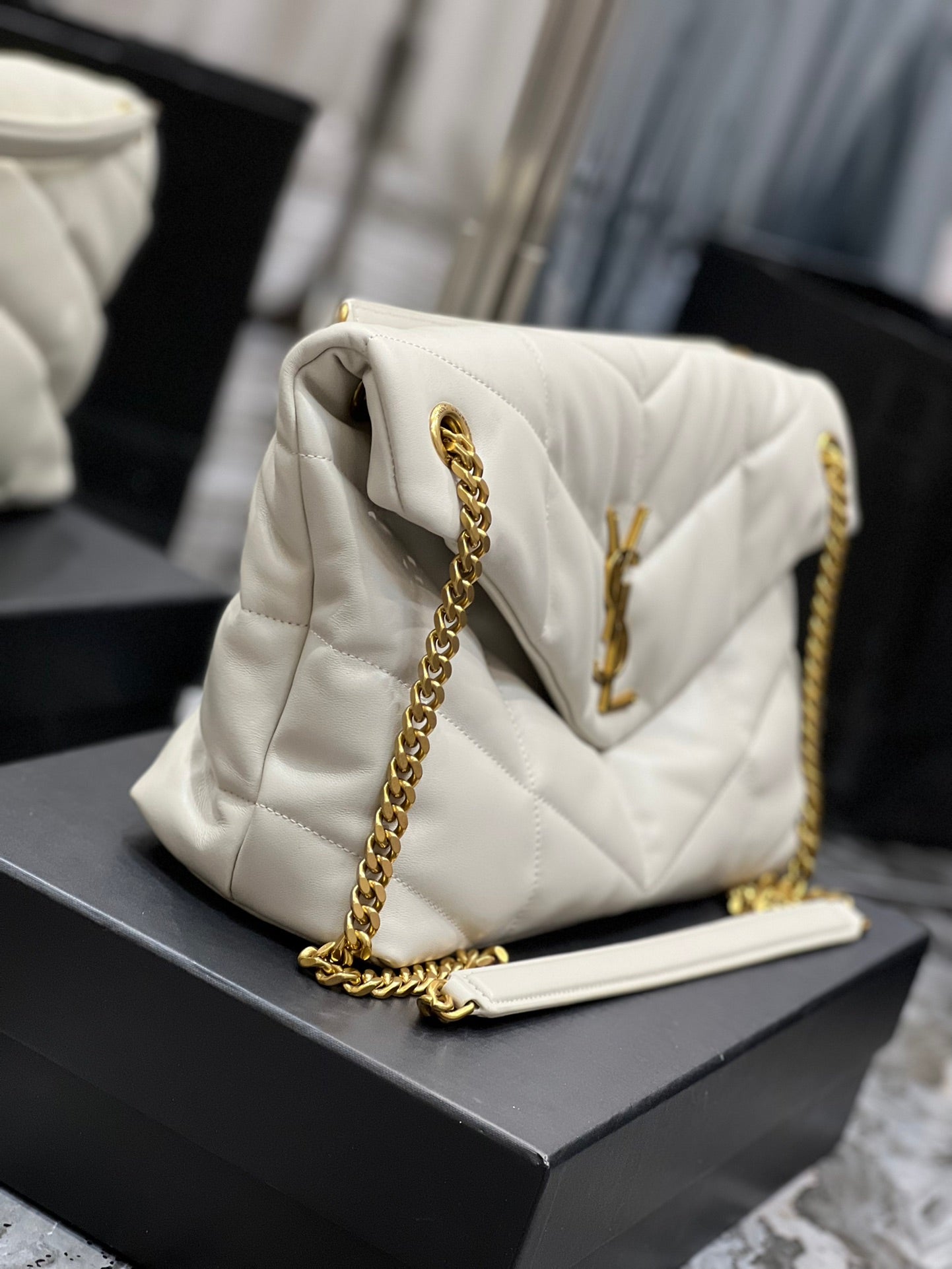 Saint Laurent Small Loulou Puffer Bag in Quilted Lambskin - Off-White/Gold