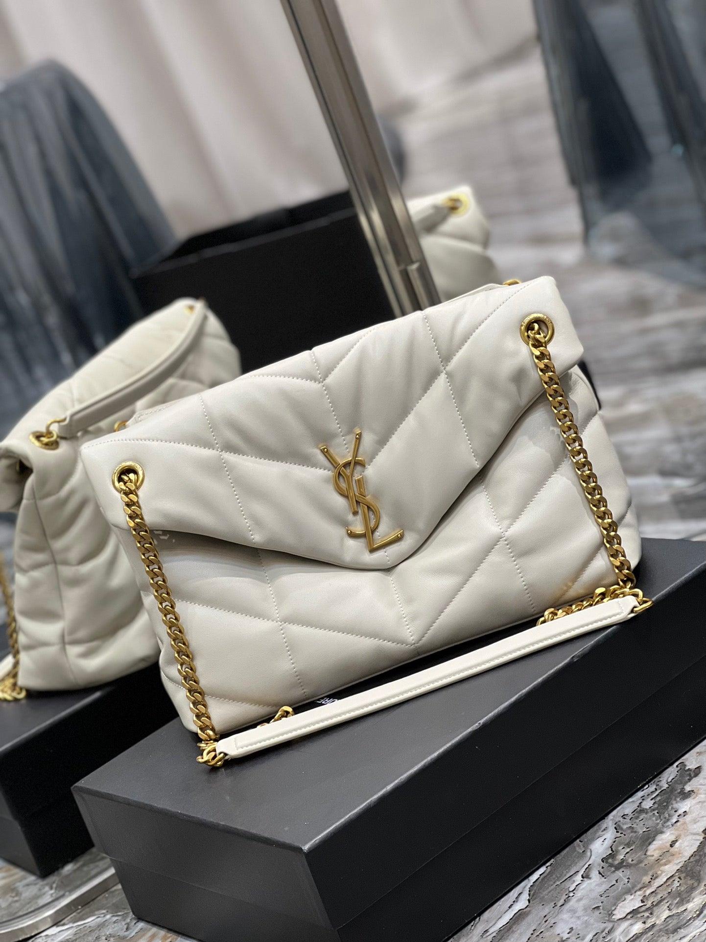 Saint Laurent Small Loulou Puffer Bag in Quilted Lambskin - Off-White/Gold
