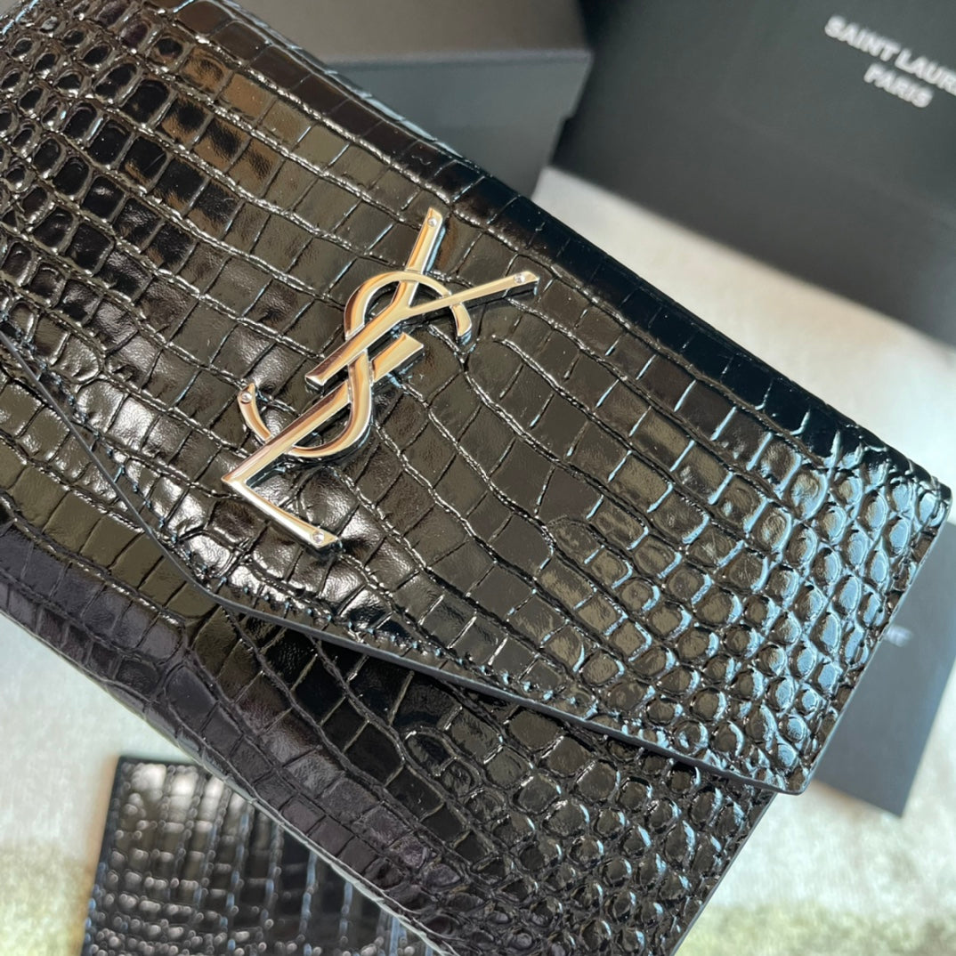 Saint Laurent Cassandre Envelope Chain Wallet in Croc-Embossed Leather - Black