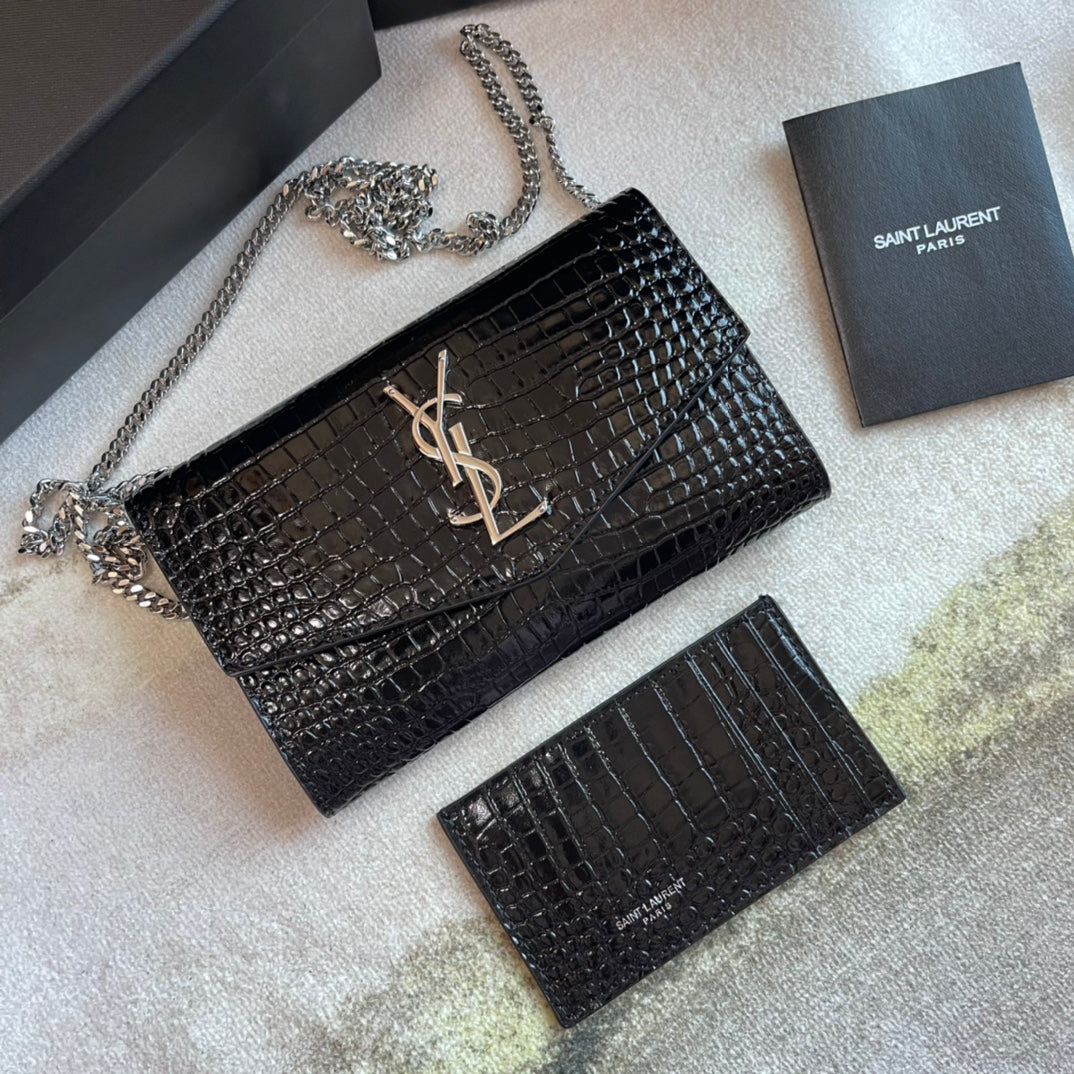 Saint Laurent Cassandre Envelope Chain Wallet in Croc-Embossed Leather - Black