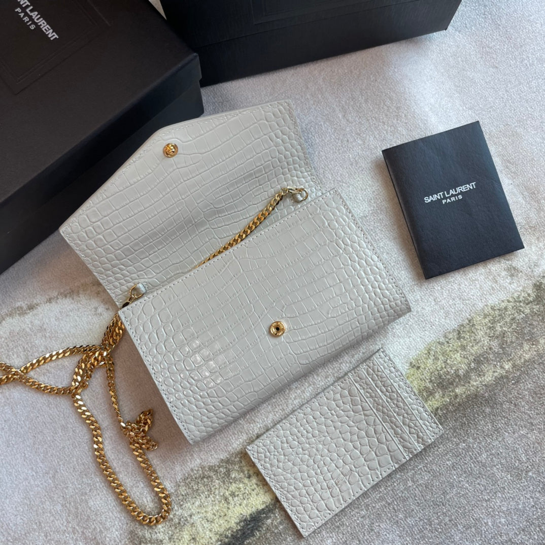 Saint Laurent Cassandre Envelope Chain Wallet in Crocodile-Embossed Leather - White