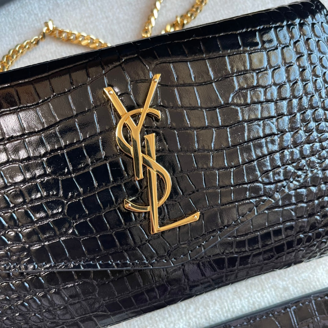 Saint Laurent Cassandre Envelope Chain Wallet in Black Crocodile-Embossed Leather