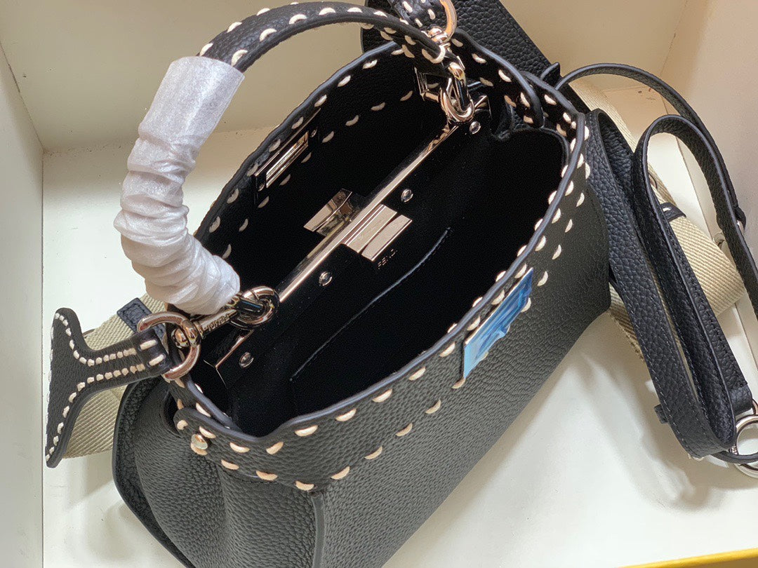 Fendi Black Leather Peekaboo ISeeU Handbag with FF Logo Strap &amp; Mini Pouch