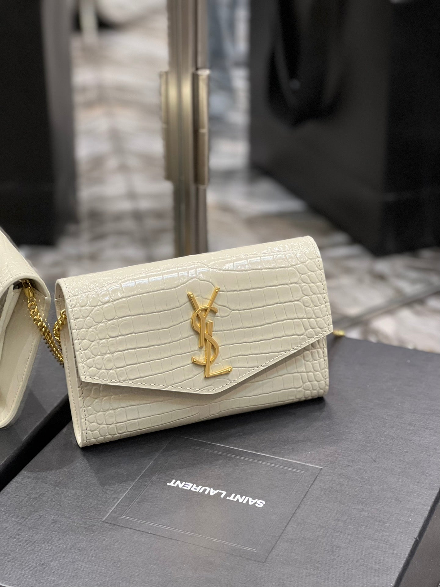 Saint Laurent Uptown Chain Wallet in Croc-Embossed Leather - White