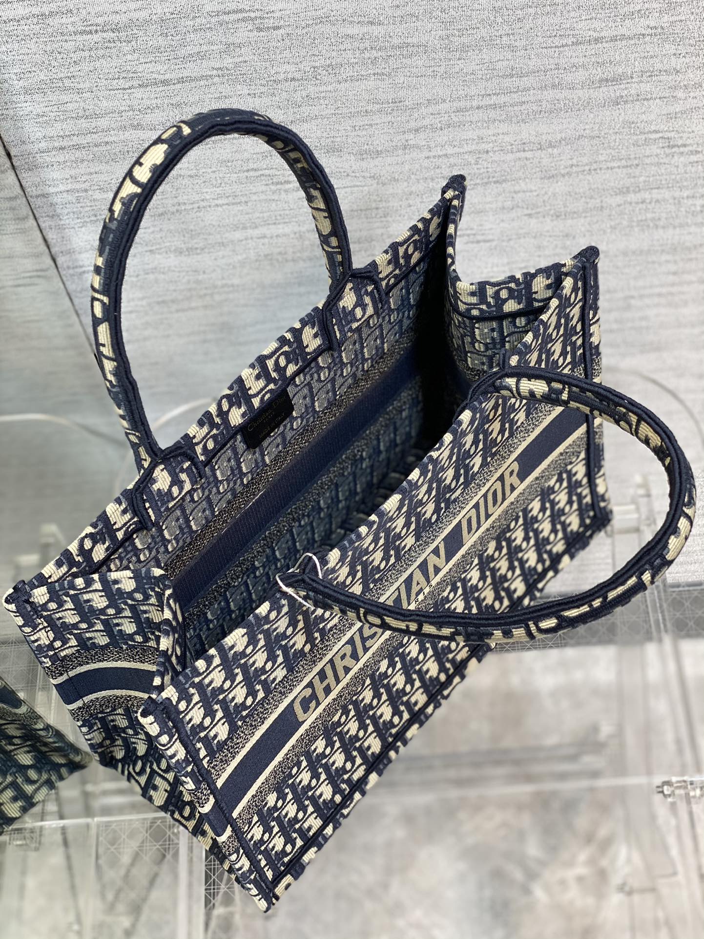 Christian Dior Medium Book Tote Blue Dior Oblique Embroidery Handbag