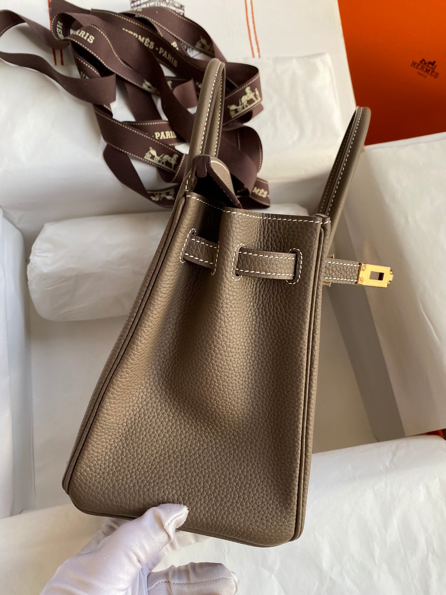 Classic Luxury Taupe Leather Handbag with Gold Hardware - Top Handle Tote Bag