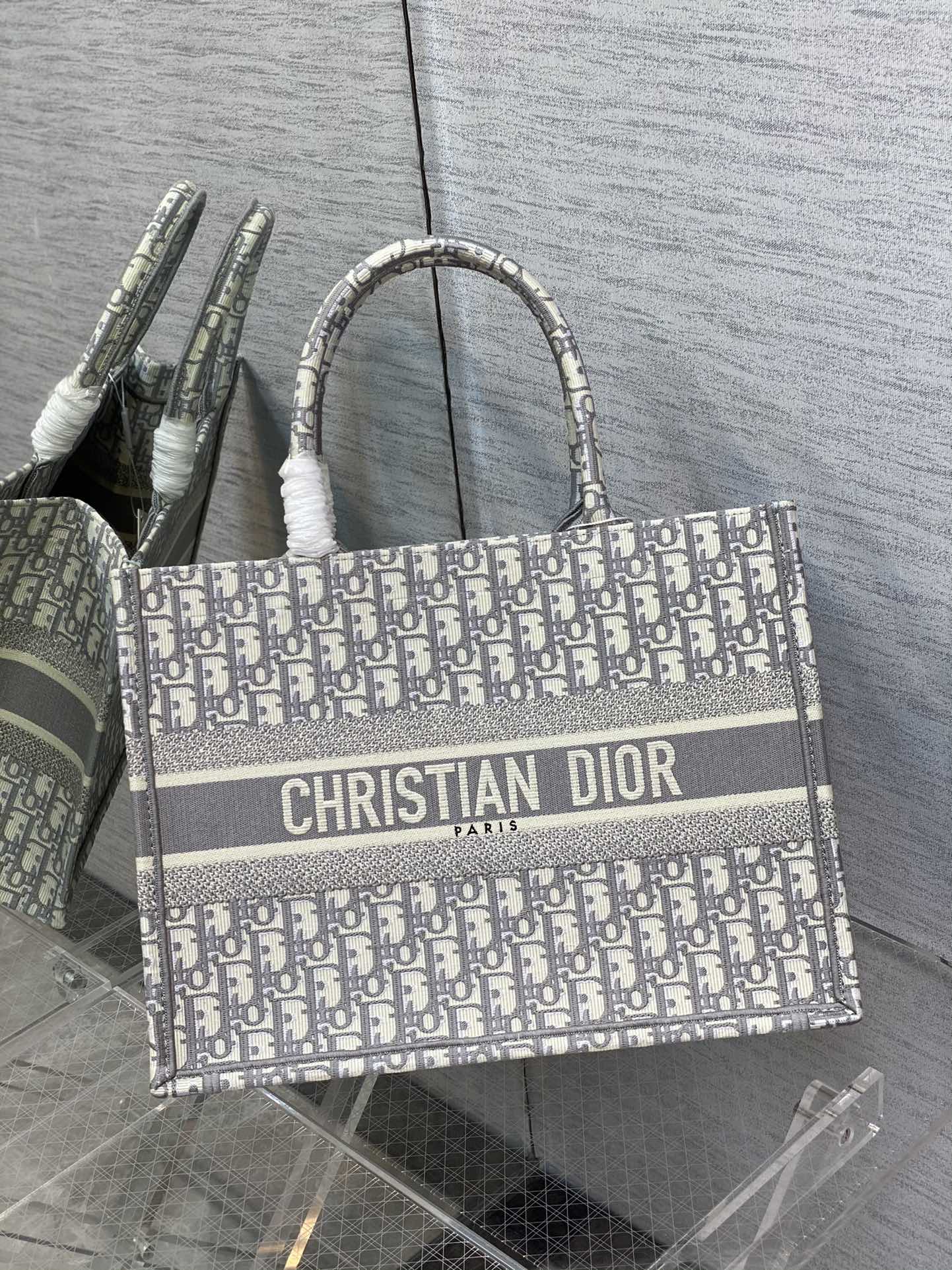 Christian Dior Grey Oblique Embroidery Book Tote Bag Large