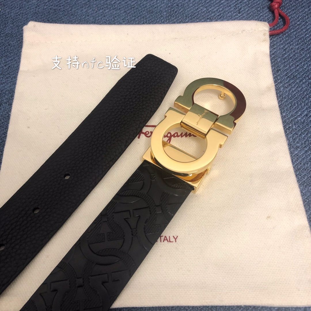 Salvatore Ferragamo Men's Gancini Monogram Embossed Leather Belt with Gold Buckle, Black