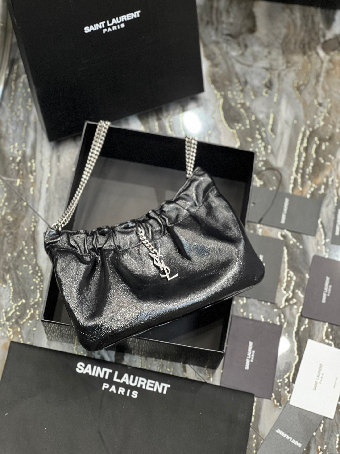 Saint Laurent Black Leather Mini Pouch Bag with Silver Chain and YSL Charm
