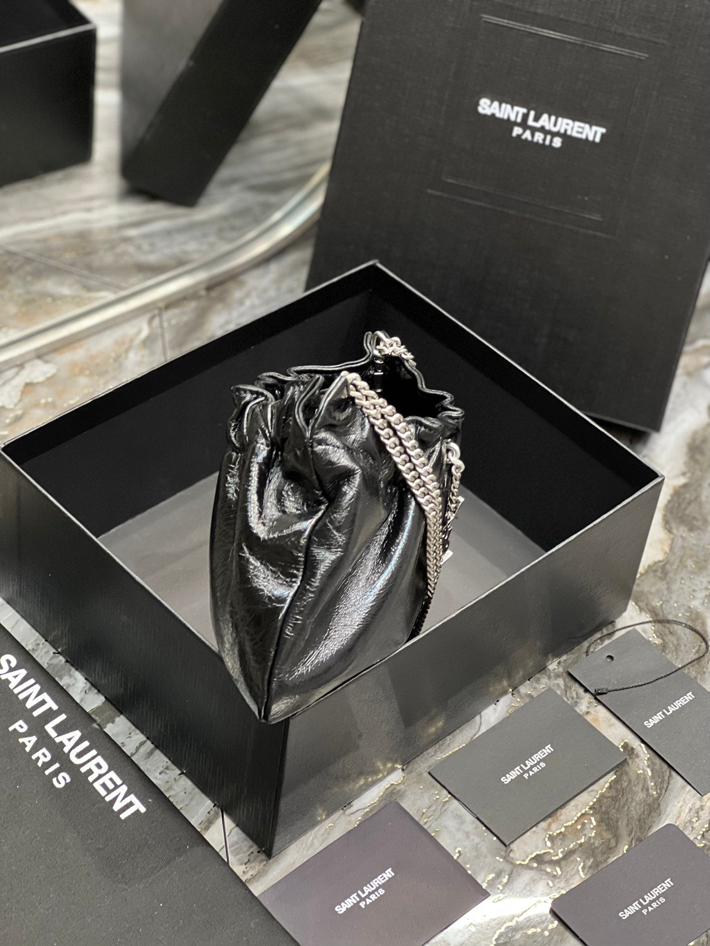 Saint Laurent Black Leather Mini Pouch Bag with Silver Chain and YSL Charm