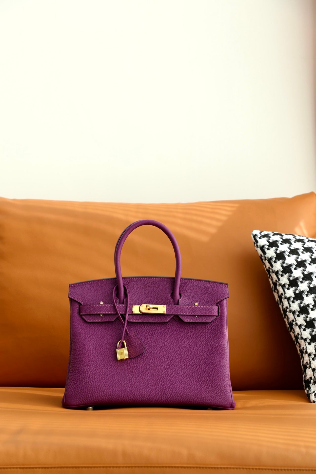 Luxury Purple Leather Handbag with Gold Hardware - Classic Designer Style