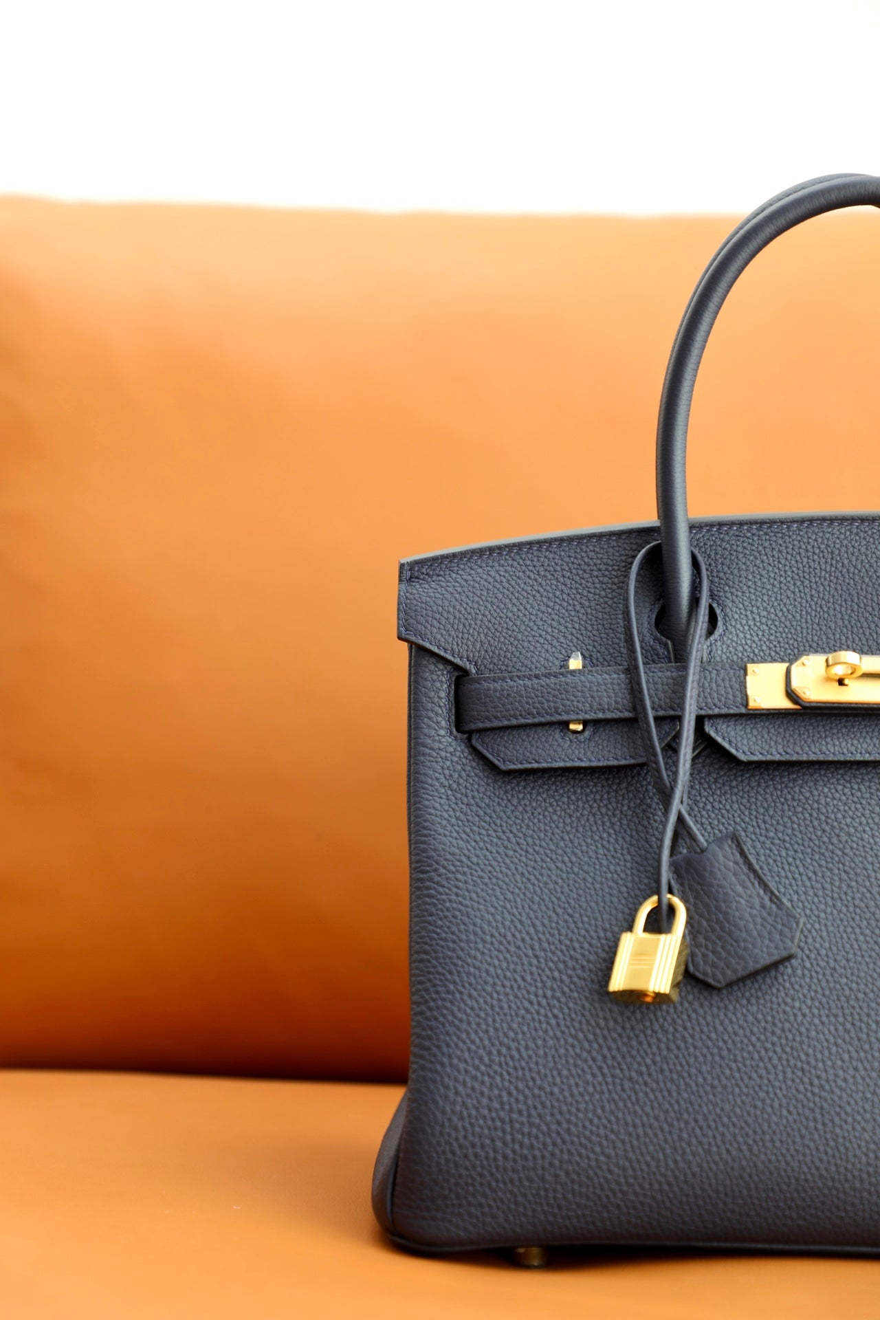 Elegant Navy Blue Leather Handbag with Gold Hardware - Classic Structured Tote