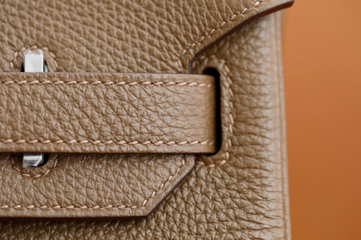Elegant Taupe Leather Handbag - Classic Birkin Style Top Handle Tote