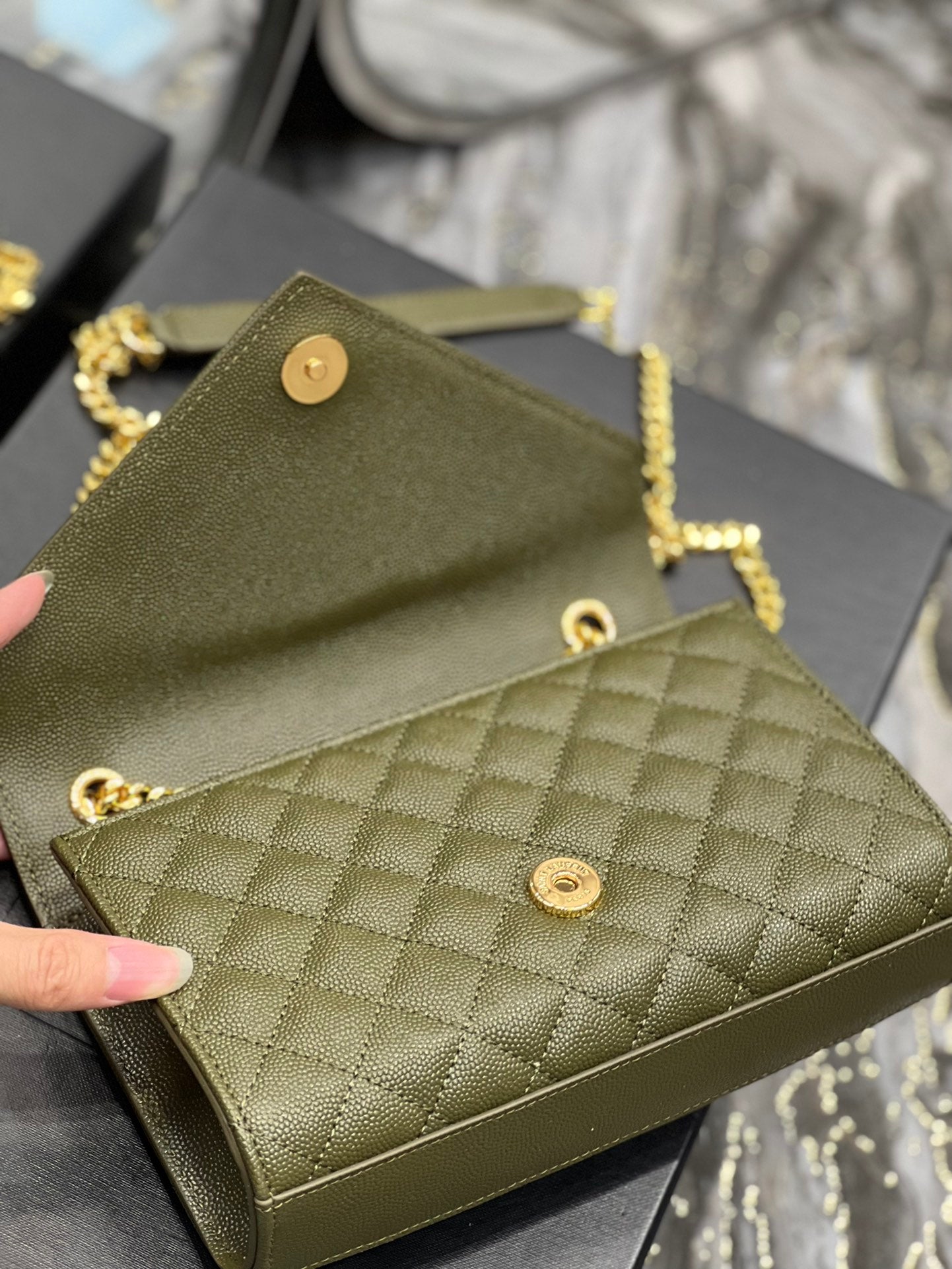 Saint Laurent Cassandre Matelassé Chain Wallet in Olive Green Quilted Leather