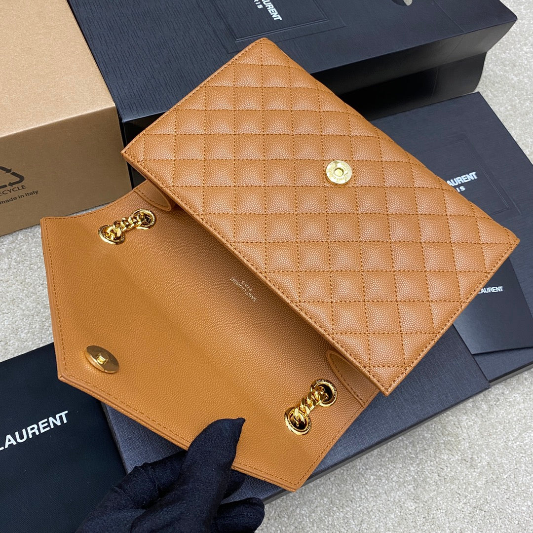 Saint Laurent Medium Envelope Bag in Quilted Grain de Poudre Leather - Tan