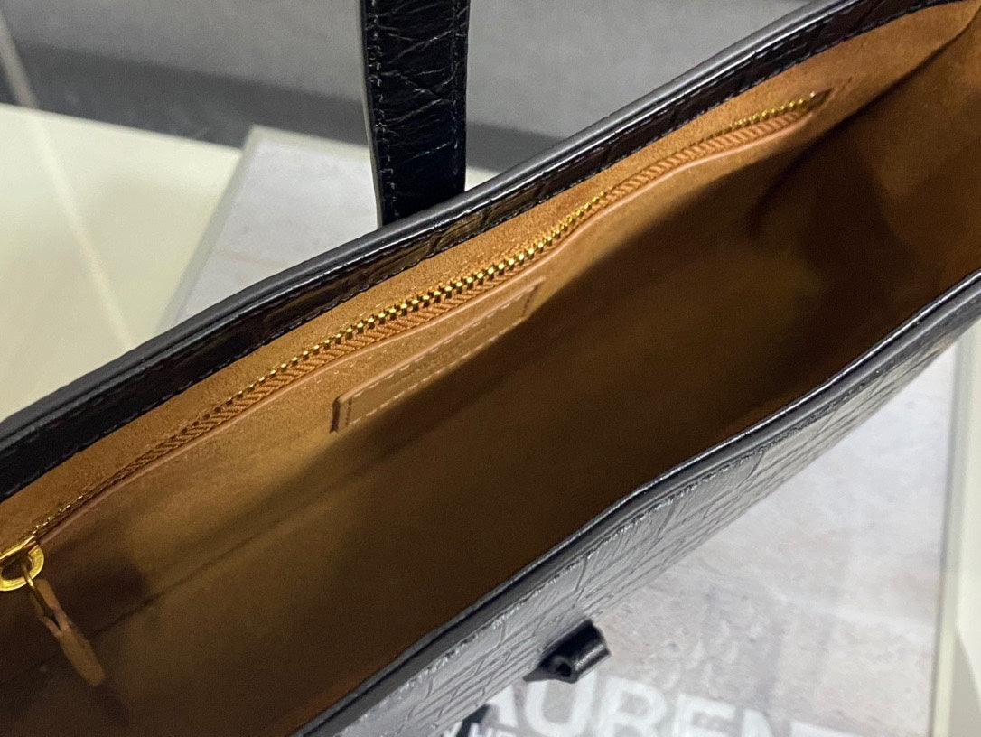 Saint Laurent Le 5 à 7 Hobo Bag in Black Crocodile-Embossed Leather