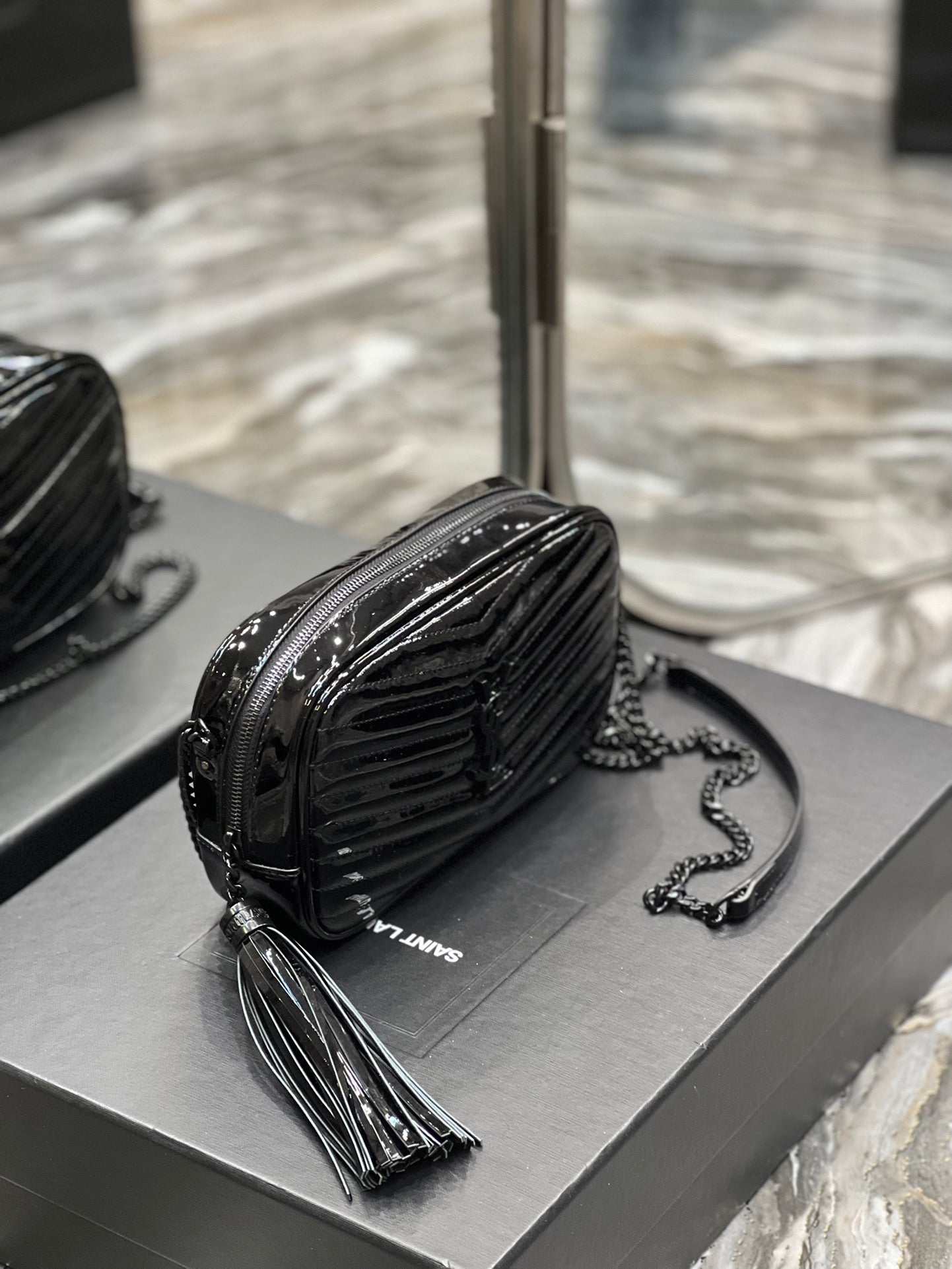 Quilted Black Patent Leather Crossbody Camera Bag with Tassel and Chain Strap