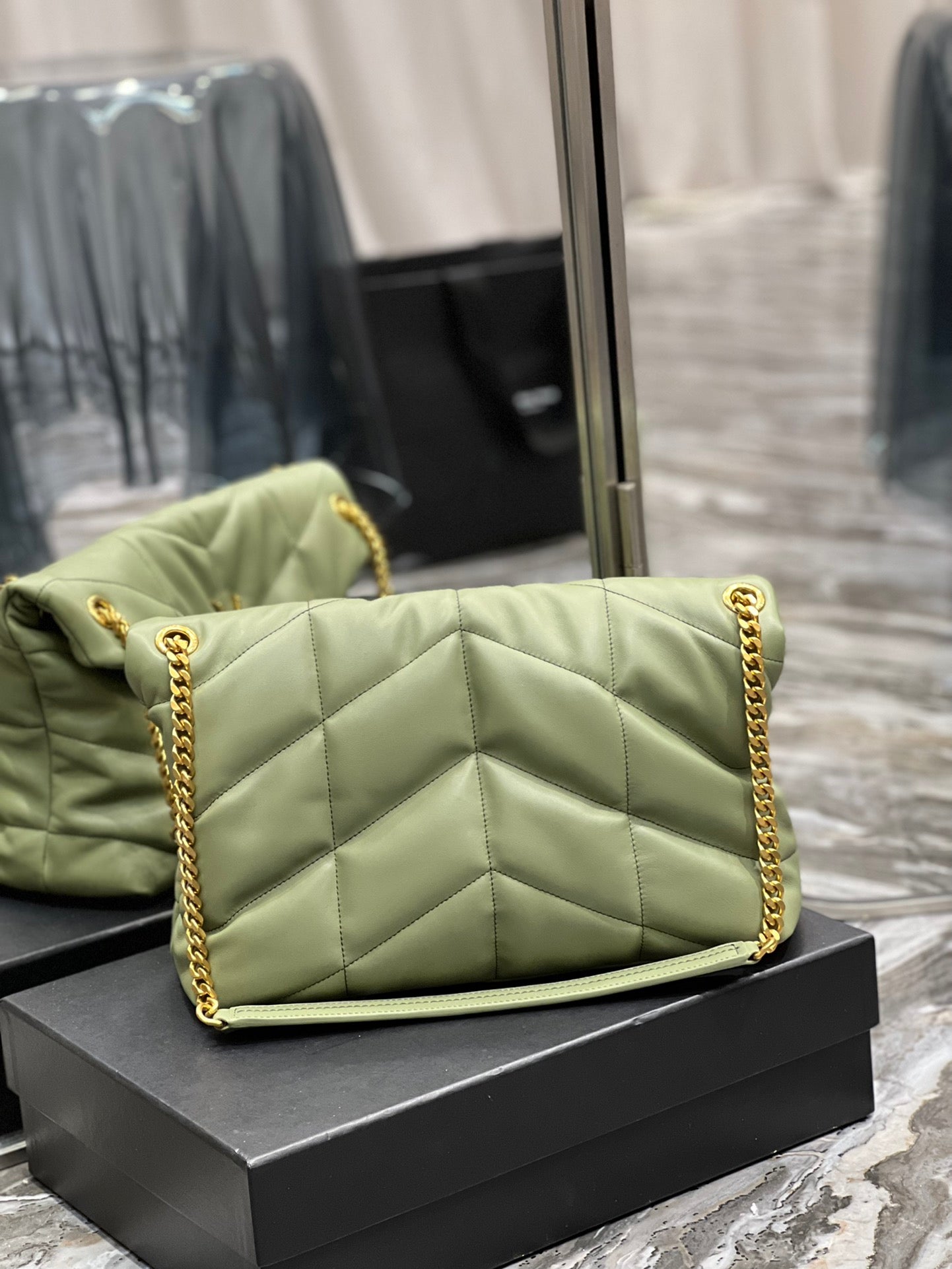 Saint Laurent Loulou Small Quilted Leather Shoulder Bag in Sage Green with Gold Hardware