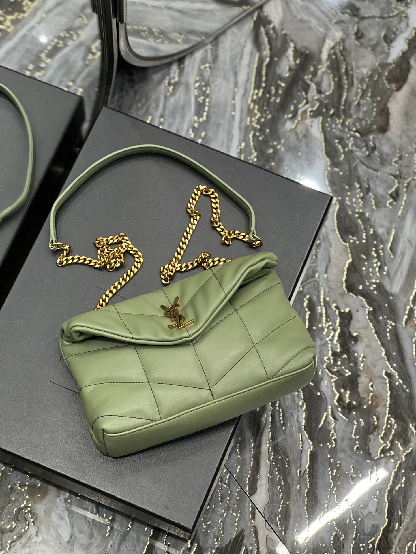 Saint Laurent Toy Loulou Puffer Bag in Quilted Lambskin - Sage Green Gold Hardware