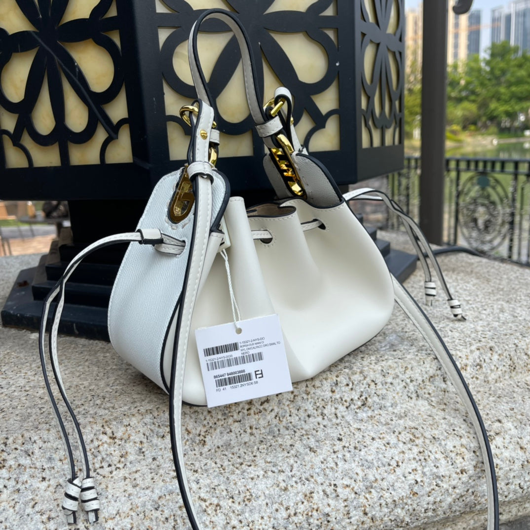 Fendi Small White Leather Bucket Bag - Luxury Drawstring Crossbody Handbag