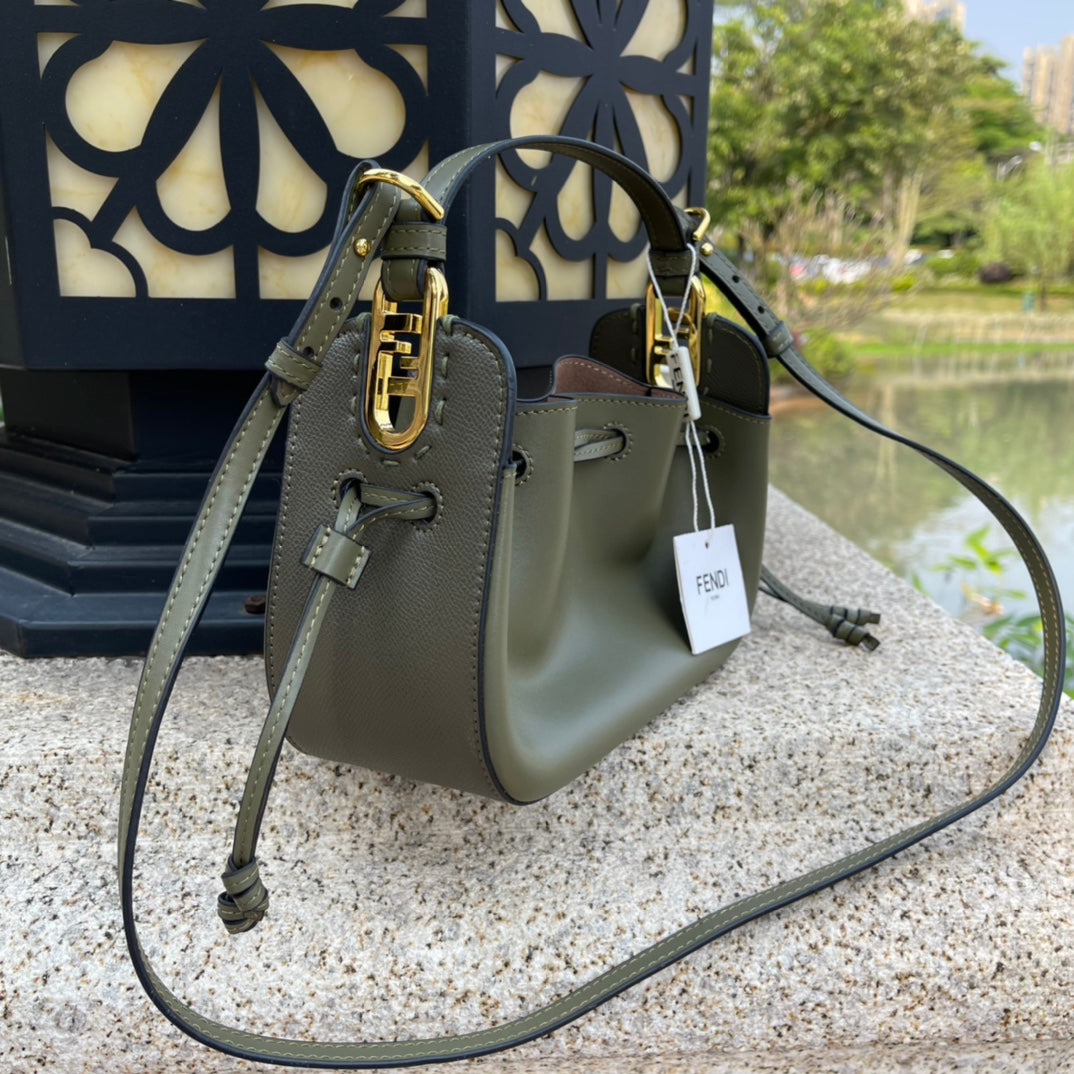Fendi Mini Mon Tresor Olive Green Leather Bucket Bag - Gold Hardware