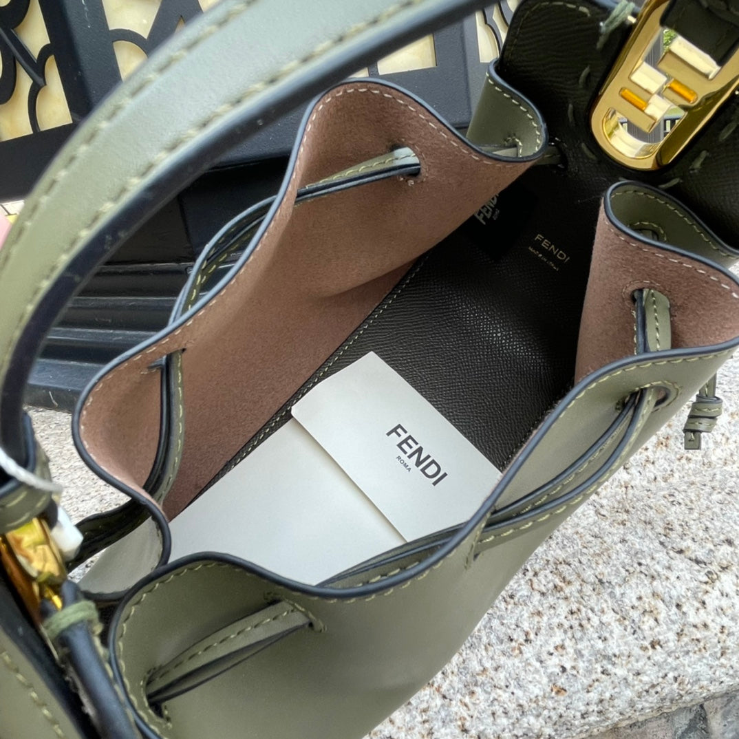 Fendi Mini Mon Tresor Olive Green Leather Bucket Bag - Gold Hardware