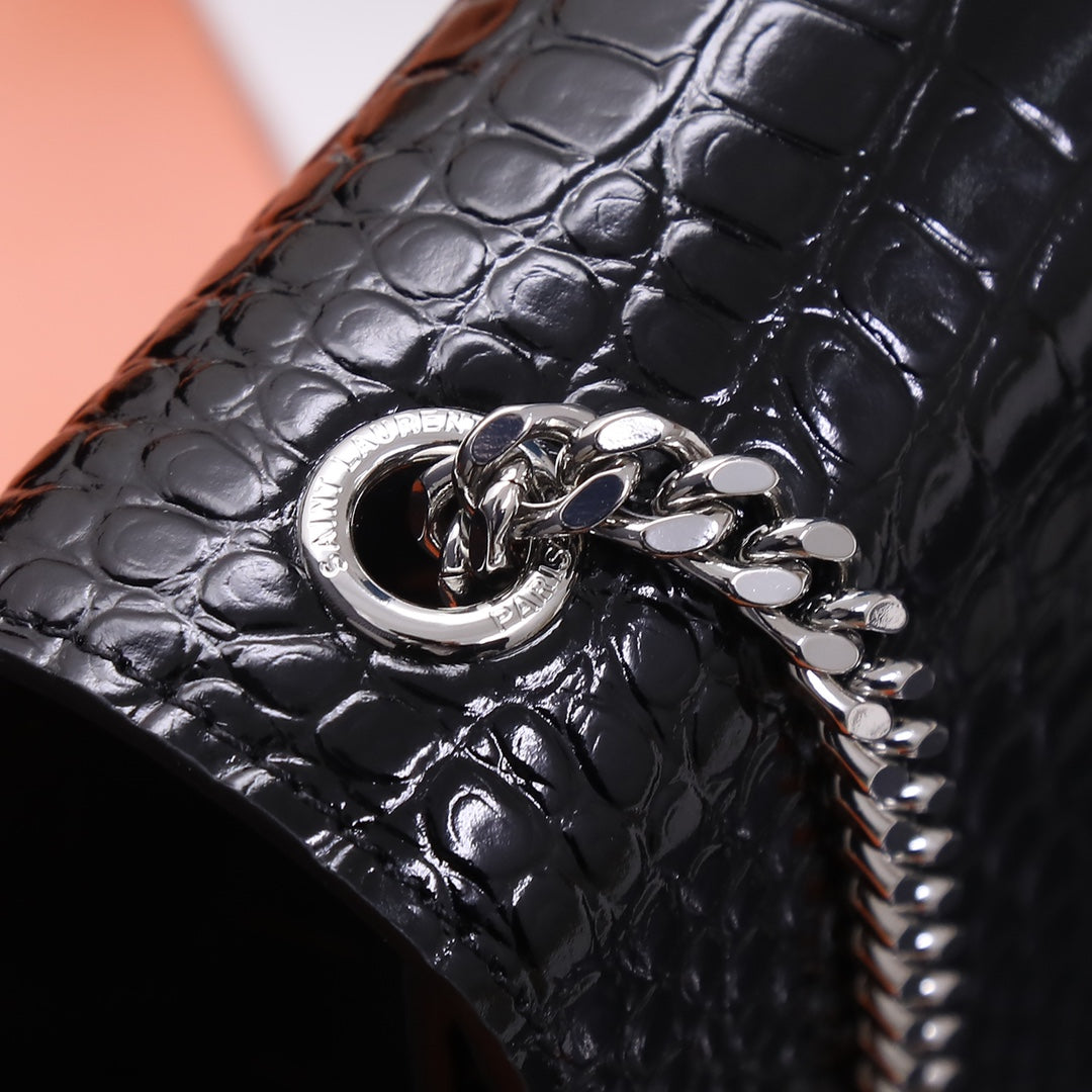Saint Laurent Kate Tassel Crocodile-Embossed Leather Chain Wallet - Black