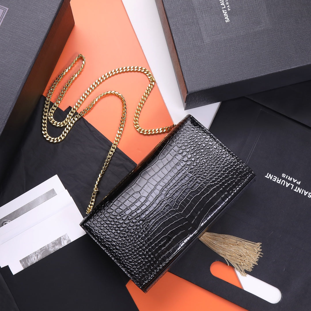 Saint Laurent Kate Medium Tassel Crossbody Bag - Black Crocodile-Embossed Leather