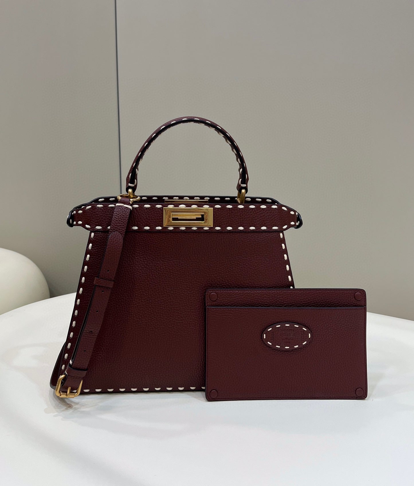 Burgundy Leather Top Handle Handbag with Matching Card Holder - White Contrast Stitching