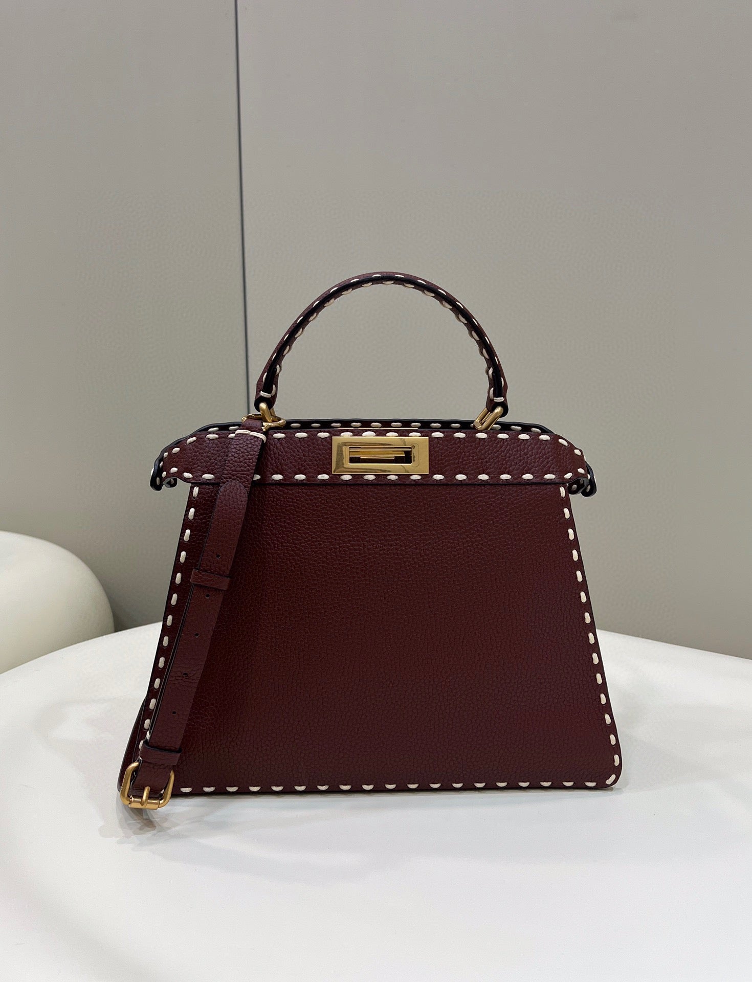 Burgundy Leather Top Handle Handbag with Matching Card Holder - White Contrast Stitching