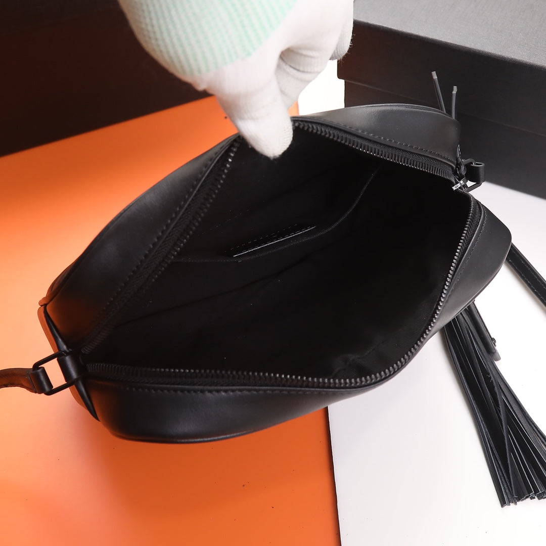 Black Quilted Leather Mini Crossbody Camera Bag with Tassel