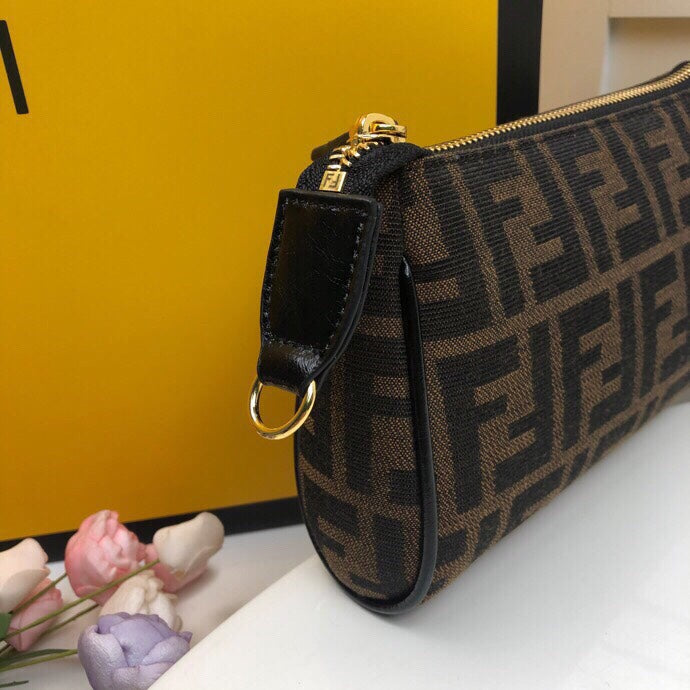 Fendi FF Logo Monogram Canvas Mini Bag with Gold Chain and Leather Strap