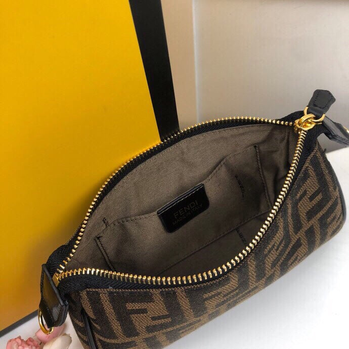 Fendi FF Logo Monogram Canvas Mini Bag with Gold Chain and Leather Strap