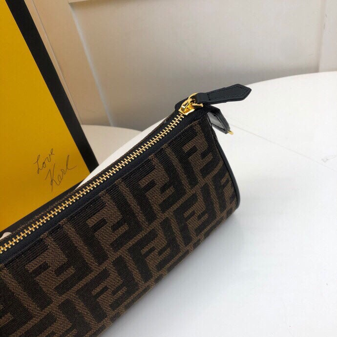 Fendi FF Logo Monogram Canvas Mini Bag with Gold Chain and Leather Strap