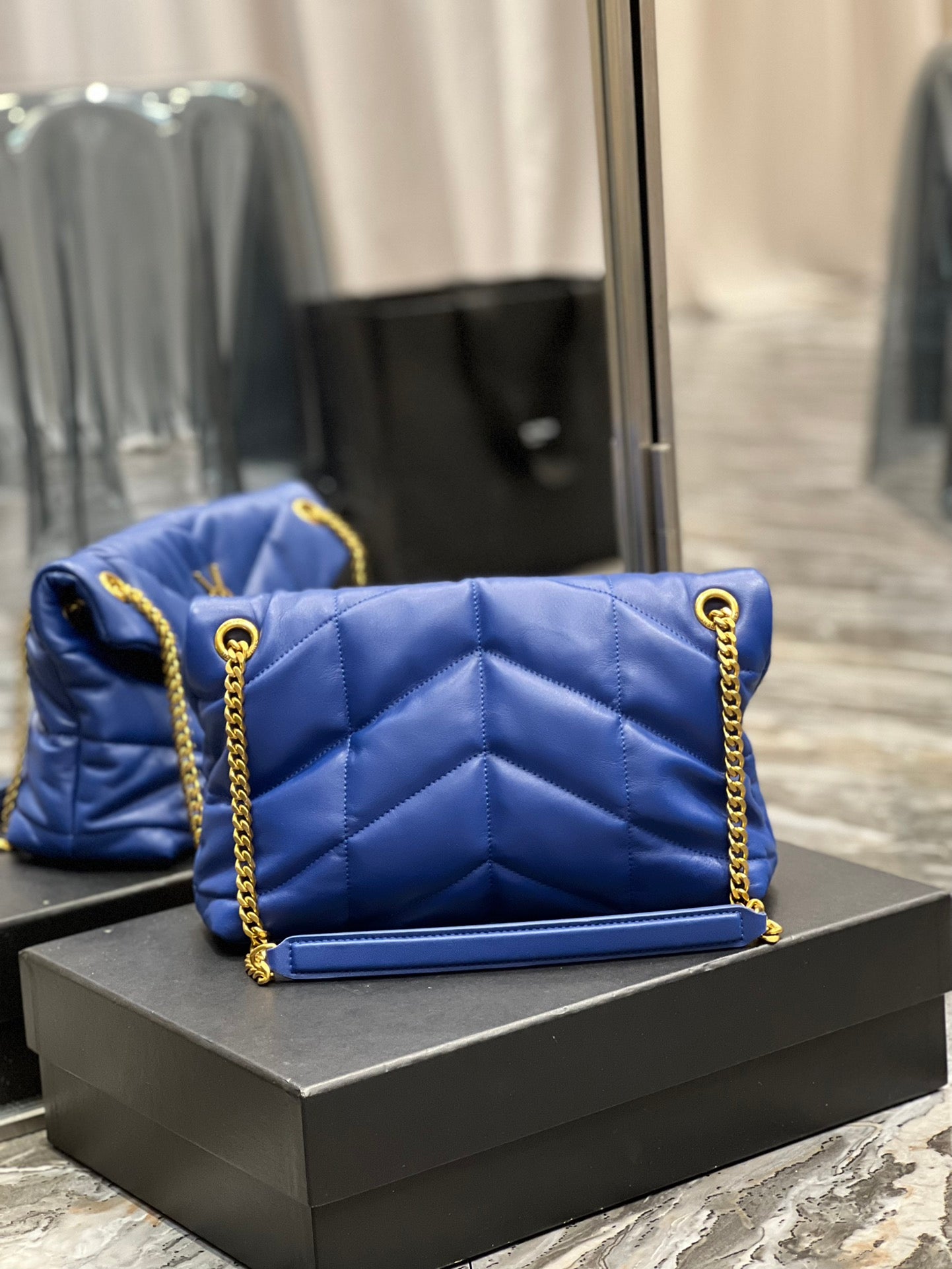 Saint Laurent Loulou Puffer Small Bag in Blue Quilted Leather with Gold Hardware