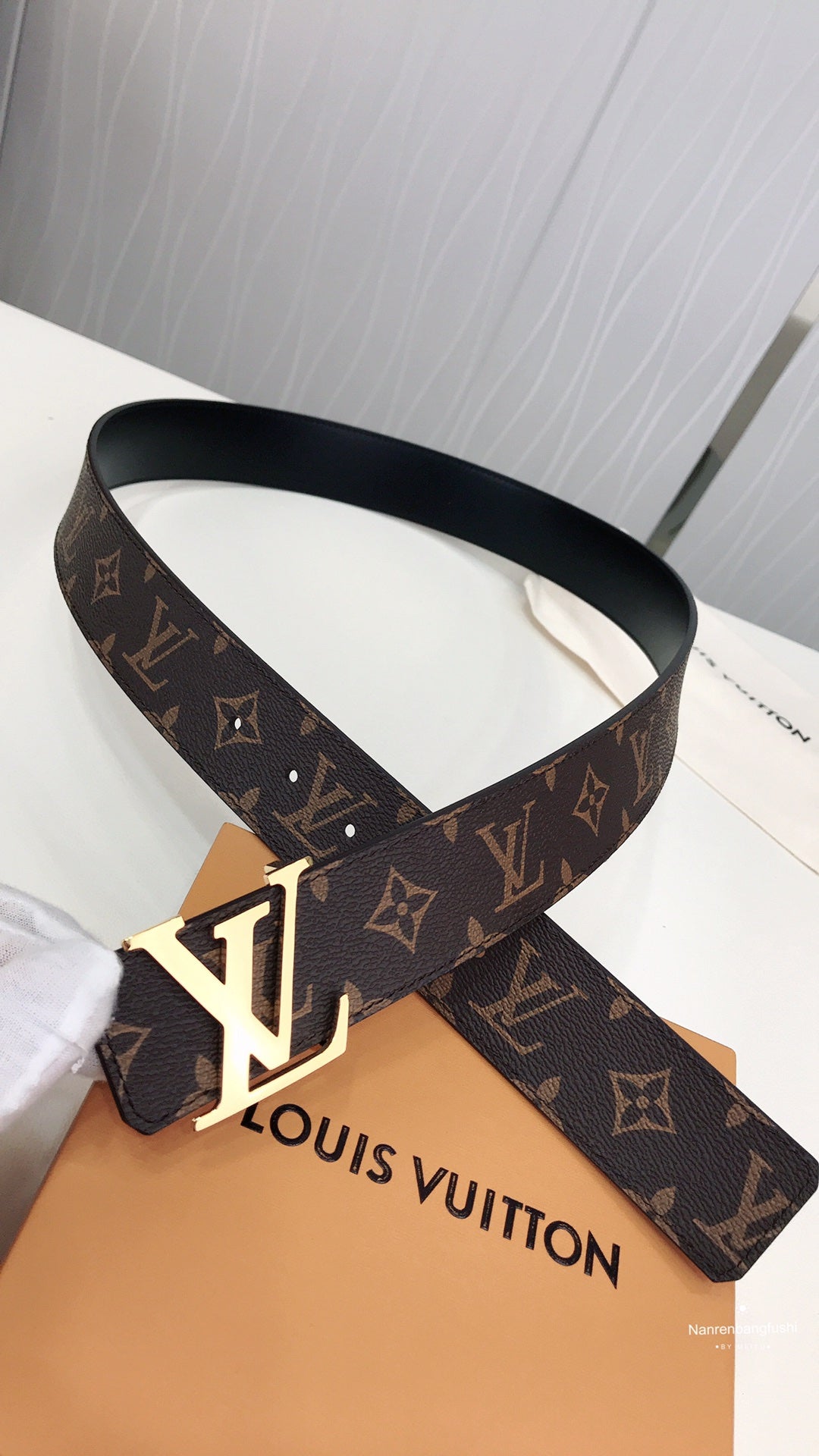 Louis Vuitton Monogram Canvas Belt with Gold LV Initials Buckle, Brown
