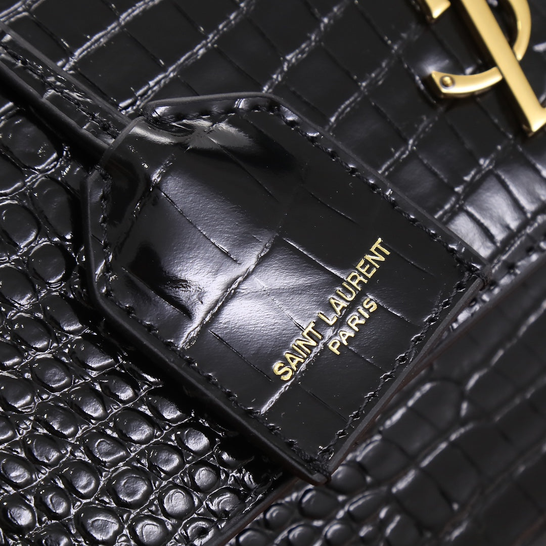 Saint Laurent Sunset Medium Shoulder Bag in Crocodile-Embossed Leather - Black