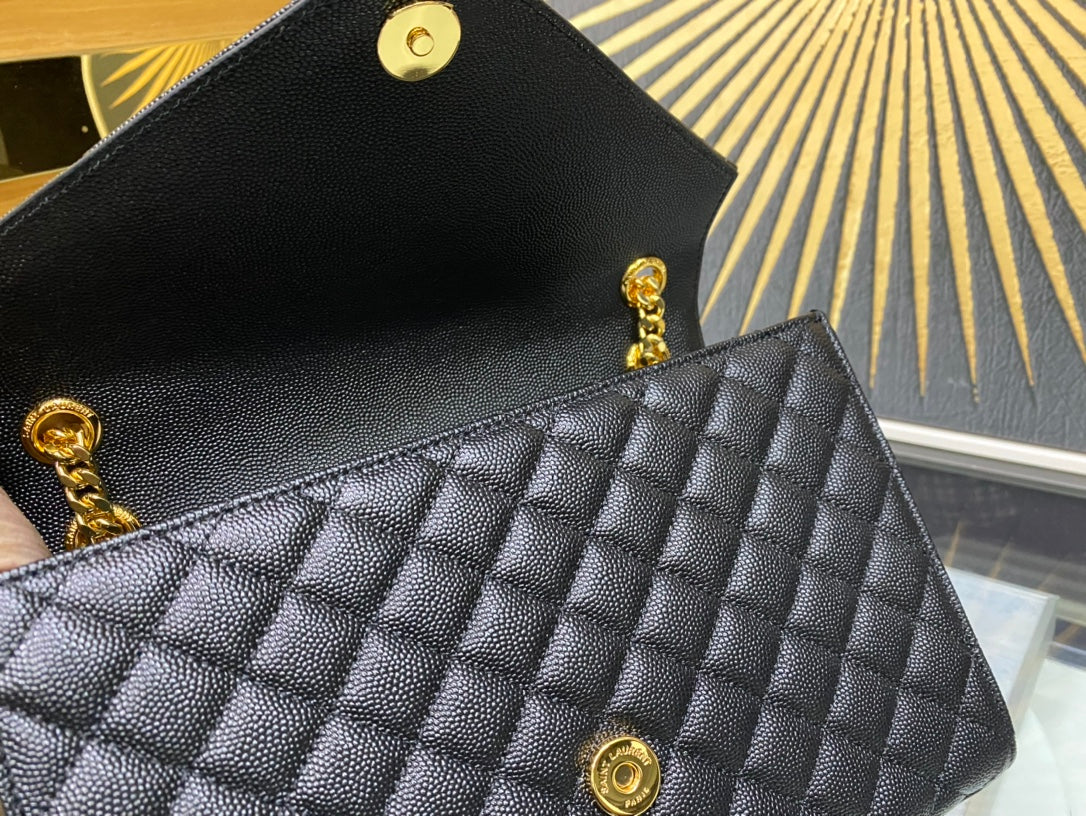 Saint Laurent Medium Envelope Bag in Mix Matelassé Grain de Poudre Leather - Black